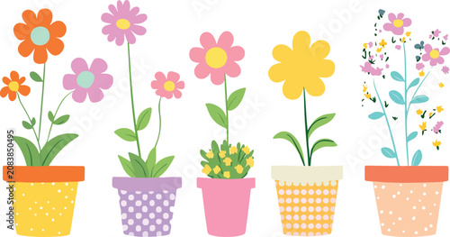 Colorful Tulips and Spring Flowers in Pots Vector Illustration Isolated Floral Bouquet with Hyacinth, Pink and Purple Blossoms, Garden Flora and Decorative Flowerpot