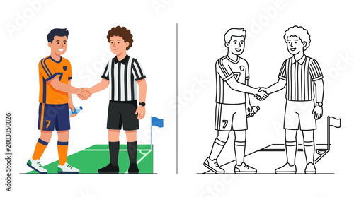 Photos Soccer players and referee shaking hands on field, sportsmanship concept, illust