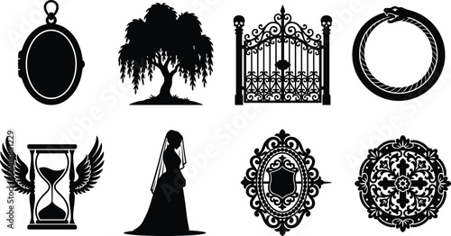 Canvastavla Gothic black silhouette collection featuring vintage locket weeping willow cemet