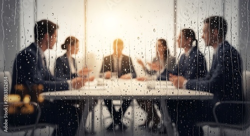 Business meeting professionals gathered around a table in a modern corporate office seen through a rain covered glass window