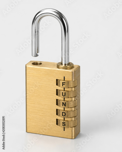 Unlocked Combination Lock Spelling Funds as Financial Access Concept