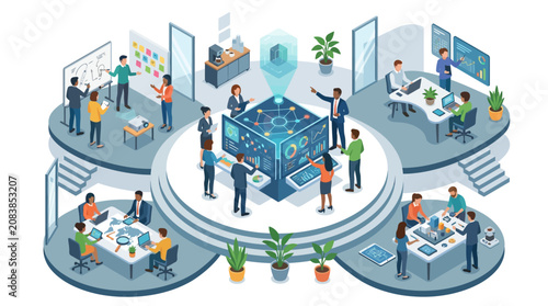 Isometric office concept with diverse team members collaborating on digital projects.