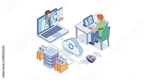 Isometric Telemedicine Consultation with Cloud Data Storage.