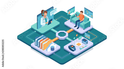 Isometric Telemedicine Platform Concept with Doctor and Patient Digital Health Connection.