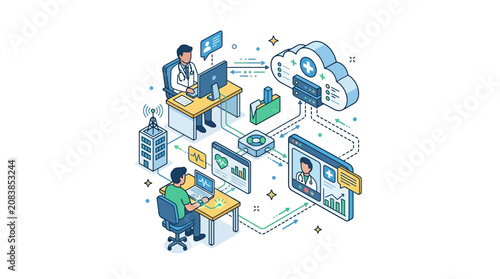 Isometric medical digital technology and telemedicine concept illustration.