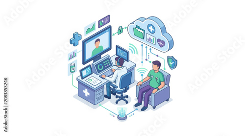 Isometric medical telehealth consultation with doctor and patient using cloud technology.