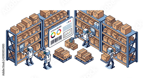 Automated warehouse logistics with robots managing inventory and cardboard boxes.
