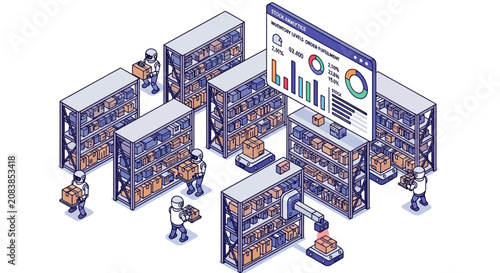 Isometric warehouse management system with automated robots and analytics dashboard.