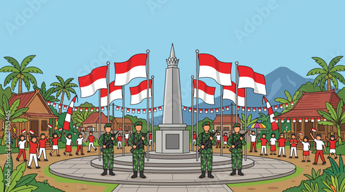 Indonesian soldiers and citizens celebrating independence day around national monument monument vector illustration
