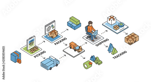 Isometric Logistics Supply Chain Workflow Process Illustration.