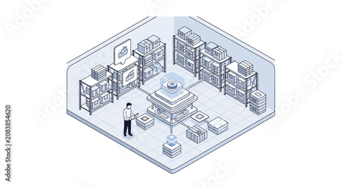 Isometric illustration of a warehouse worker managing inventory in a storage facility.