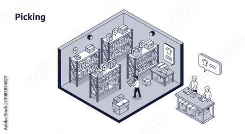 Isometric illustration of warehouse picking process with staff and shelves.