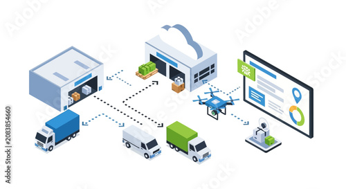 Isometric Logistics and Supply Chain Management Infographic with Trucks and Drones.