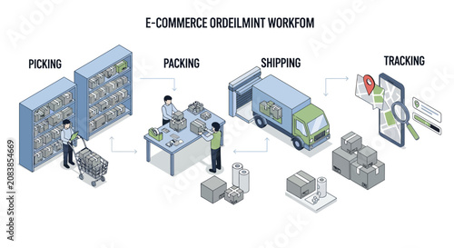 Isometric E-commerce Order Fulfillment Process Infographic Workflow.
