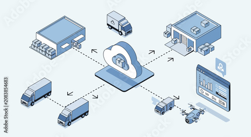 Isometric logistics and supply chain management cloud network illustration.