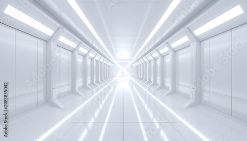 Futuristic White Corridor with Glowing Light Lines.