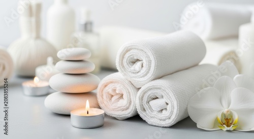 Detailed wellness scene with white rolled towels and balanced stones featuring a warm tealight candle and orchid