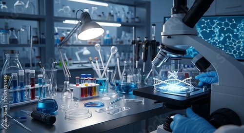 Microscope observing a glowing DNA strand in a high tech medical research laboratory with various glassware and blue chemical liquids