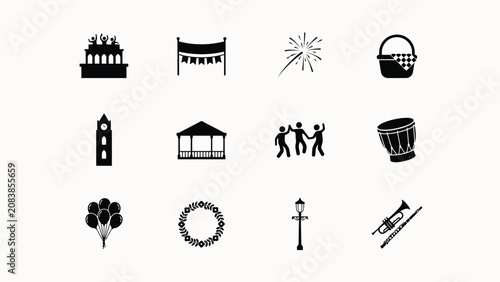 Celebration icons collection showcasing festive elements like stage performance fireworks and traditional instruments for event design