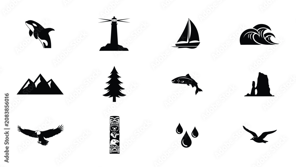 Fototapeta premium Minimalist black and white iconset showcasing nature wildlife and adventure elements for travel branding