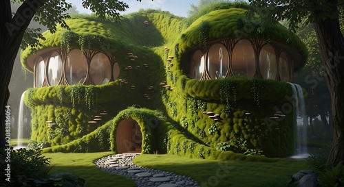 Fantasy moss house covered in green vegetation with waterfalls and large rounded windows located in a lush magical forest setting