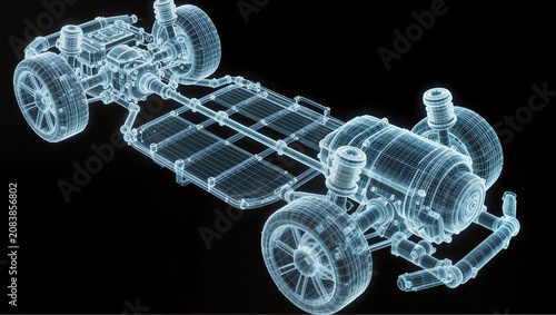 Electric Vehicle Transmission Blueprint with Integrated Drive Unit and Chassis Wireframe Visualization