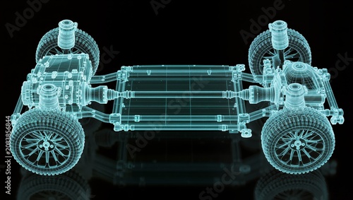 Electric Vehicle Transmission Blueprint with Integrated Drive Unit and Chassis Wireframe Visualization