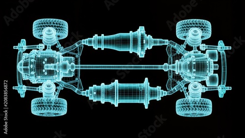 Electric Vehicle Transmission Blueprint with Integrated Drive Unit and Chassis Wireframe Visualization