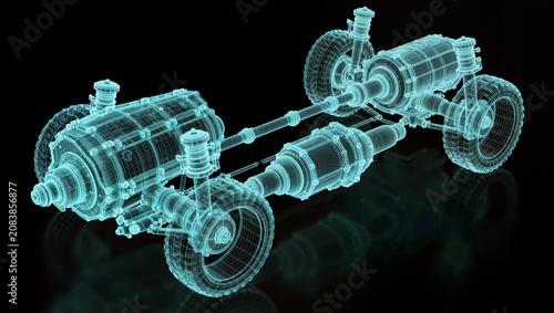 Electric Vehicle Transmission Blueprint with Integrated Drive Unit and Chassis Wireframe Visualization