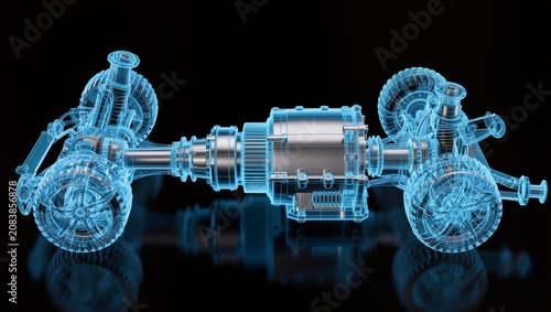 Electric Vehicle Transmission Blueprint with Integrated Drive Unit and Chassis Wireframe Visualization
