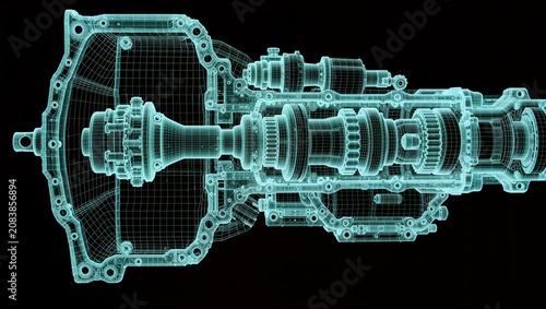 Electric Vehicle Transmission Blueprint with Integrated Drive Unit and Chassis Wireframe Visualization