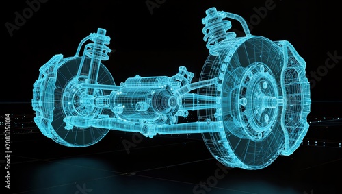 Automotive Brake Disc and Suspension Wireframe Blueprint for Advanced Vehicle Engineering