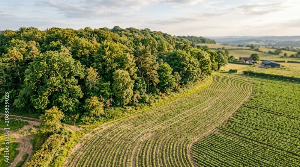 Naklejka premium Aerial View of Lush Green Farmland and Forest.