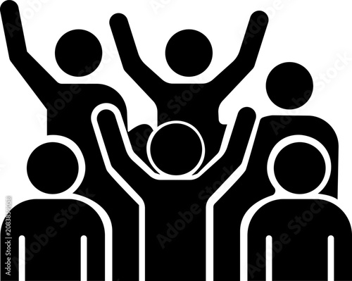 Cheering crowd silhouette icon with raised hands for concert audience sports fan party festival and group celebration design elements