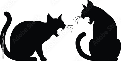 Schilderij op canvas Two angry black cats facing each other hissing and meowing illustration