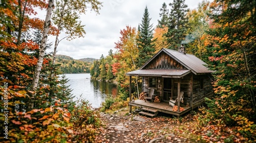 Autumn Cabin by the Lake Surrounded by Trees.