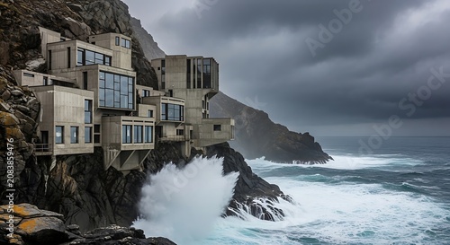 Modern concrete building architecture perched on a jagged rocky ocean cliffside with crashing waves under a dramatic stormy dark sky