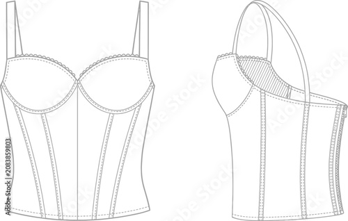 Cad drawing corset technical illustration front and side views for fashion design