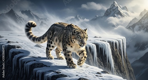 Snow leopard walking on a rocky mountain cliff edge surrounded by snowy peaks and dramatic cold winter clouds landscape
