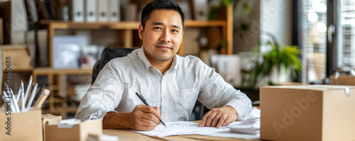 Asian man working at desk with pen and paper in modern office, focused and content expression