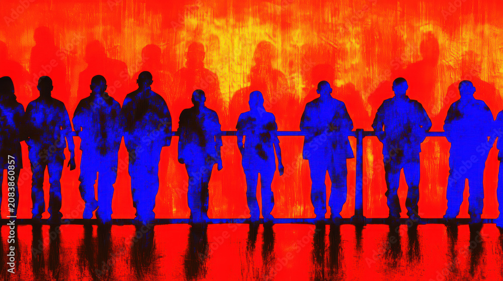Naklejka premium Silhouettes of people standing in row with blue lighting against vibrant red background creating dramatic and intense atmosphere