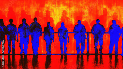 Silhouettes of people standing in row with blue lighting against vibrant red background creating dramatic and intense atmosphere