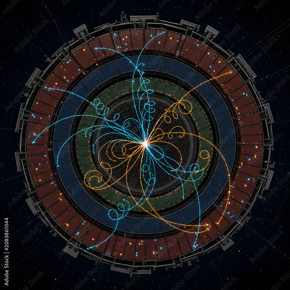 Naklejka premium Helical particle tracks inside concentric detector rings