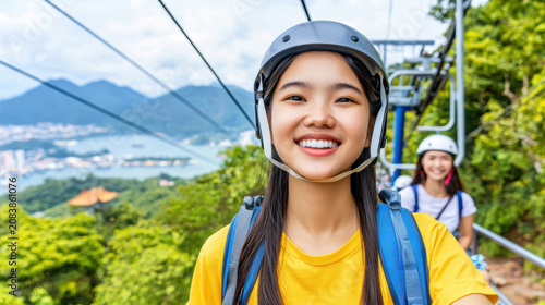 Young woman smiling with helmet and backpack riding cable car with scenic mountain and lake view in background