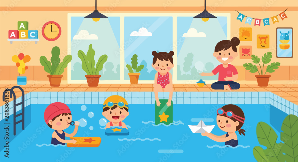 Fototapeta premium This vector illustration features children and a teacher enjoying various fun water activities at a colorful indoor swimming pool classroom.
