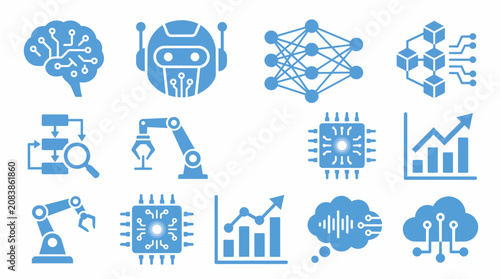 Artificial Intelligence Solid Icon Set with Machine Learning, Chatbot and Neural Network