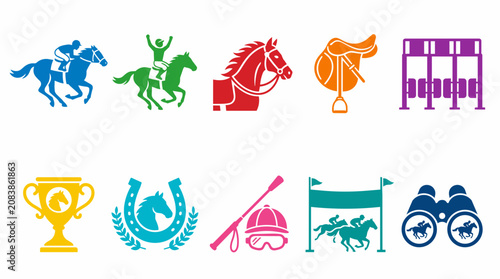 Horse Racing Solid Icon Set Collection with Jockey, Racehorse, Trophy and Racetrack