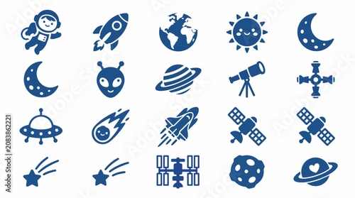Outer Space Solid Icon Set Collection - Rocket, Planet, Astronaut, Satellite and Galaxy Symbols