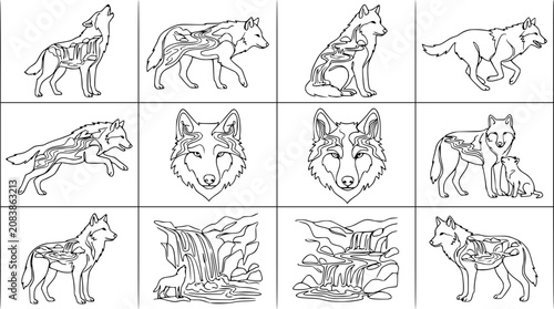 Photos Wolf Anatomy Illustration Collage: Howling, Running, Sitting, and Wildlife Scene