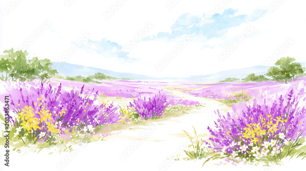 Obraz premium Watercolor illustration of a blue sky and a lavender field / 青空とラベンダー畑の水彩イラスト